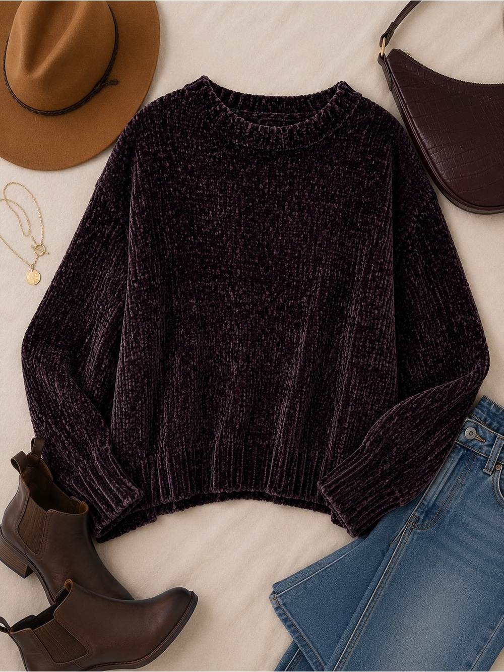 Stevie Hender Chenille Sweater Cozy Oversized Plum Soft Knit Dark Boho Medium